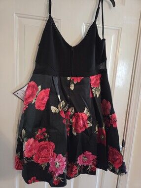 Plus Size Black Floral Sleeveless Fit-and-Flare Dress with Red Roses